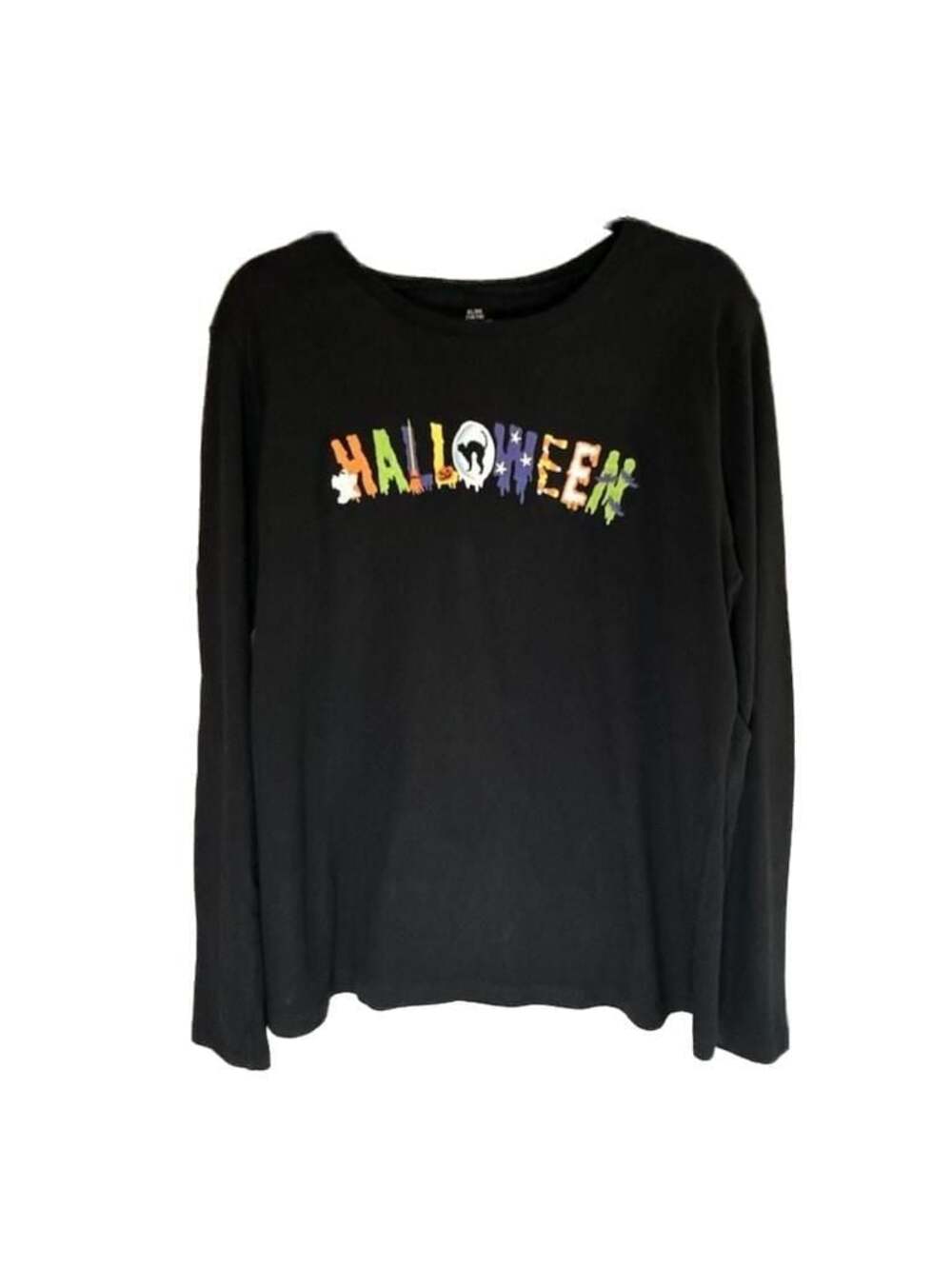 Black LS Halloween Graphic Shirt with Embroidered Lettering, Size XL 16/18